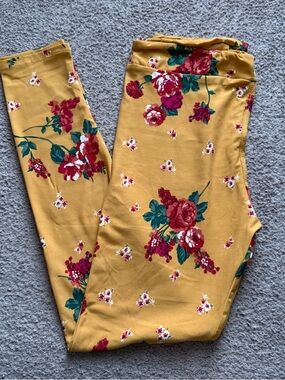 Women's Mustard Floral Leggings - Honey & Lace - Size Large